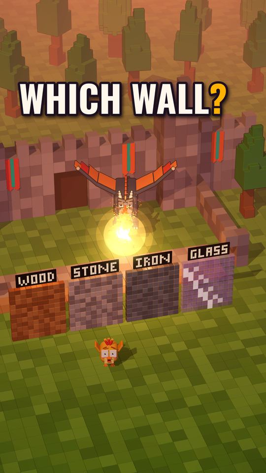 Episode 1 cover: a blocky dragon faces four walls labelled WOOD, STONE, IRON and GLASS under the words WHICH WALL?