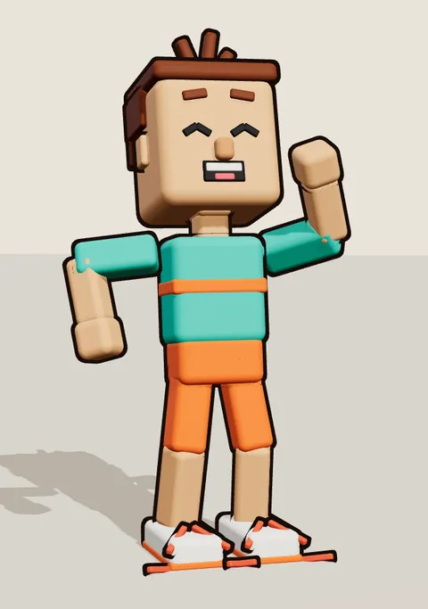 Noodle grinning with one fist raised, in his teal T-shirt with an orange stripe and orange shorts