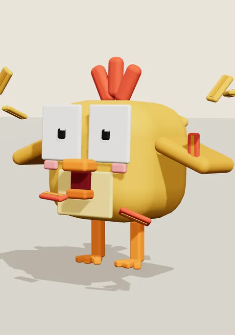 Nugget the round golden chicken, wings up and beak wide open
