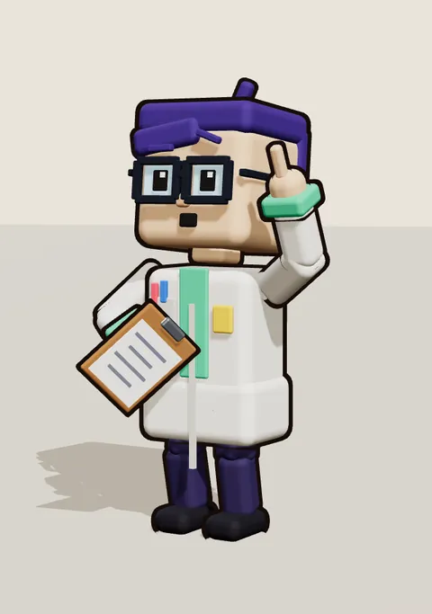 Pixel raising one finger, holding a clipboard, in a white lab coat with purple hair and square glasses